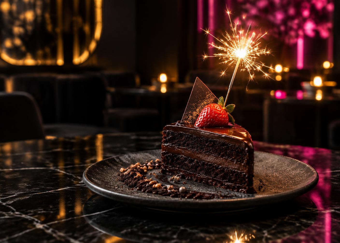Chocolate birthday dessert with a lit sparkler at Pisco Gastrolounge
