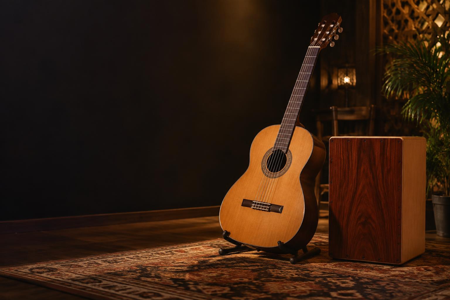 Traditional acoustic guitar and wooden cajón in a warm, intimate music setting