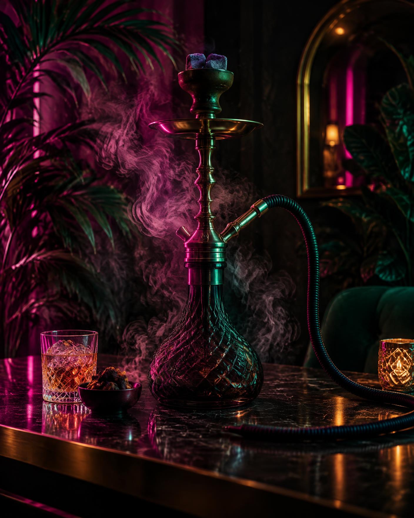 Premium hookah with drifting smoke under magenta and green light at Pisco Gastrolounge