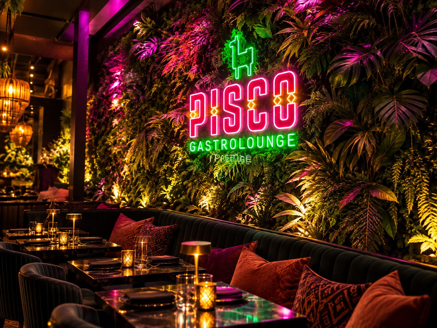 Pisco Gastrolounge's neon sign, living wall, and intimate lounge seating in Uptown Charlotte